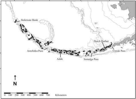 Map of the Aleutian Islands, showing important features, depth ...