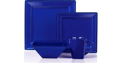 Lorren Home Trends LH502 16 Piece Square Beaded Stoneware Dinnerware Set, Blue Dinner Set ...