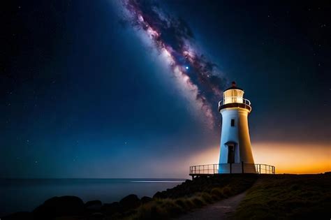 Premium Photo | A lighthouse on a night sky with the stars behind it