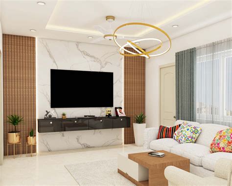 Contemporary TV Unit Design with Marble Wall Panel and Pendant Lights | Livspace