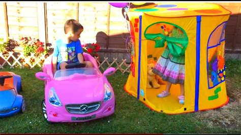 Kids Playing in the Garden / Pink Car and Playhouse - YouTube