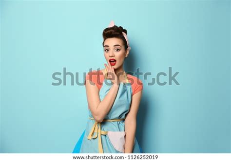 Portrait Funny Young Housewife On Color Stock Photo 1126252019 ...