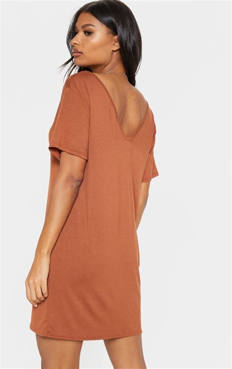 Tan Basic V Neck T Shirt Dress | Dresses | PrettyLittleThing USA