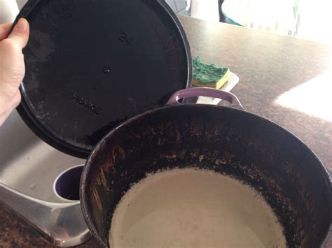 Cleaning burned-on stains from Le Creuset enameled cookware. Scroll down to comments, look for ...