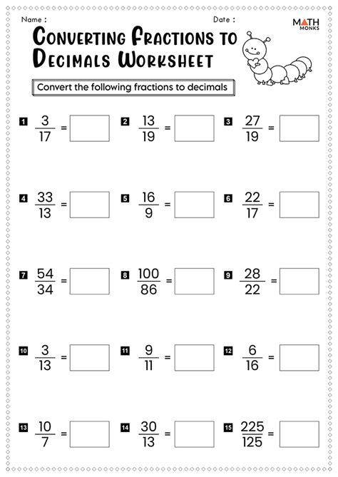 Converting Fractions to from Decimals Worksheets - Math Monks