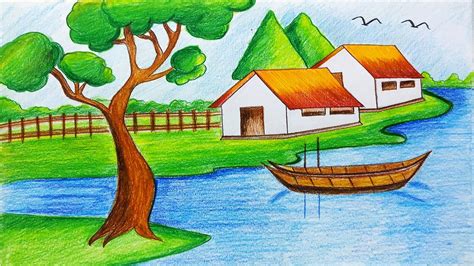 How to Draw Easy Scenery Drawing for Beginners Using Pencil Colors ...