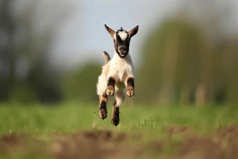 Playful jumping baby goat in green field. Generate ai