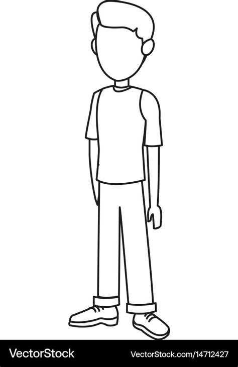 Outline young boy standing kid image Royalty Free Vector