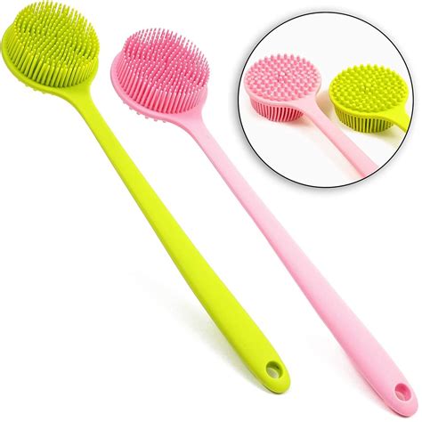 2-Pack Bath Brush with Extra Long Handle, Silicone Back Scrubber, Double Sided Shower Body Brush ...