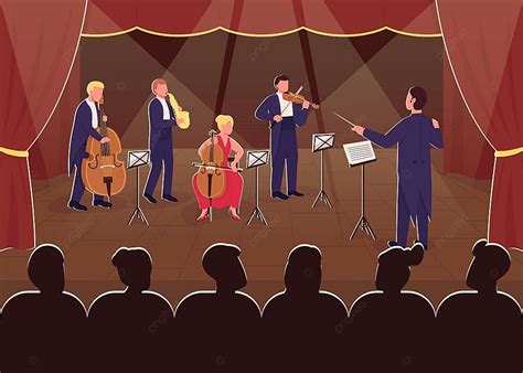 Orchestra Symphony Performance Flat Color Vector Illustration Background, Style, Conductor ...