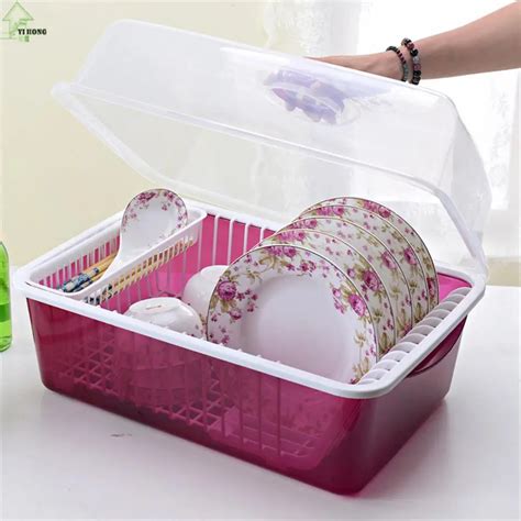 YI HONG Draining Shelf With Transparent Cover Kitchen Practical Dishes ...