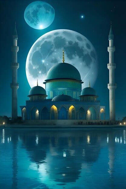 Premium AI Image | Night sky with full moon mosque Temple Mount shining worm colored symmetrical ...