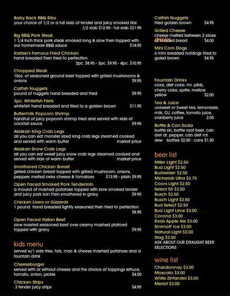 Menu at Kretzer's Grill and Bar, Hoyleton