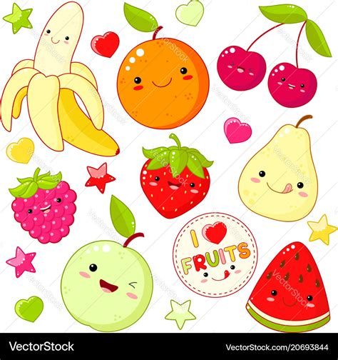 Set of cute sweet fruit icons in kawaii style Vector Image