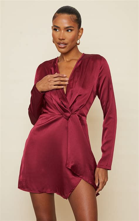 Burgundy Satin Long Sleeve Wrap Dress | Dresses | PrettyLittleThing USA