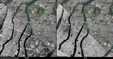 Hiroshima atomic bomb. BEFORE and AFTER + google maps. [1600x830] : MapPorn