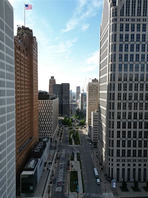 Drone View of the Woodward Avenue Skyscraper Towers in Downtown Detroit ...