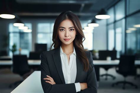 Portrait of a Beautiful Businesswoman in Modern Office, Asian Manager Looking at Camera and ...