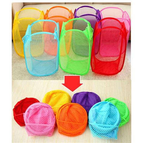 Foldable Hollow Multicolor Net Mesh Hamper Laundry Basket Clothes Storage Basket Folding ...