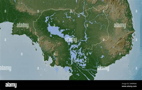 Cambodia outlined on a Pale colored elevation map with lakes and rivers Stock Photo - Alamy