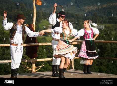 Czech folklore dancers, wearing traditional costume, performing ...