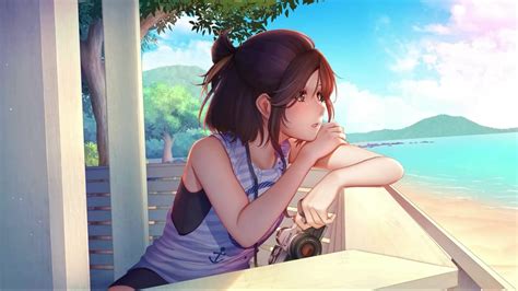 Anime Girl Looking At Beach Live Wallpaper - WallpaperWaifu