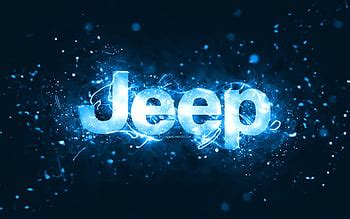 Jeep dark blue logo, , dark blue neon lights, creative, dark blue abstract background, Jeep logo ...