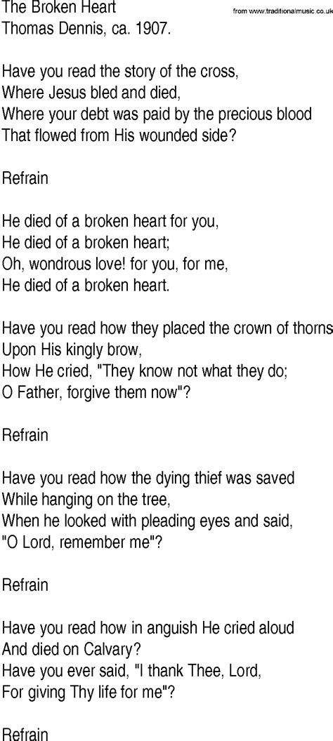 Hymn and Gospel Song Lyrics for The Broken Heart by Thomas Dennis ca