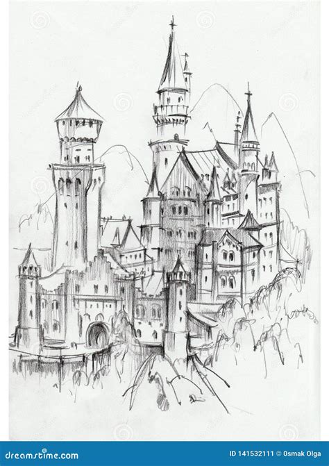 Drawing Of Architectural Structures Of The Medieval Fairy-tale Castle ...