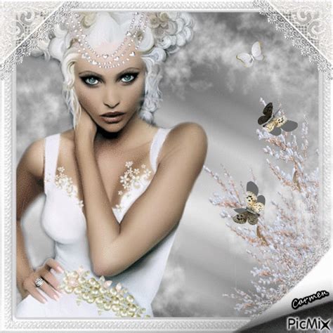 a woman with white hair and blue eyes is standing in front of a background that has butterflies