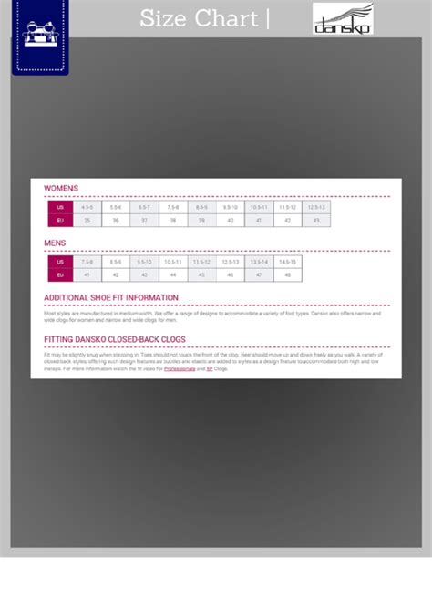 Dansko - Size Chart printable pdf download