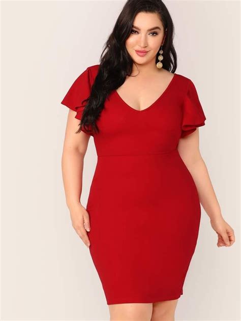 Shein Plus Zip Back Ruffle Trim Bodycon Dress Trendy Dresses, Cheap ...