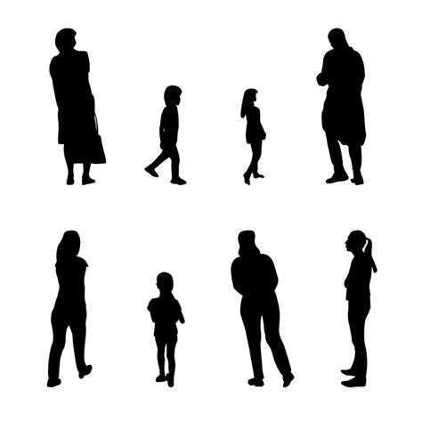 Set of Black and White Silhouette Walking People and Children. Vector ...