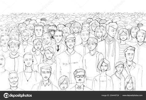 Black and white contour of a crowd of people drawing by hand with a ...