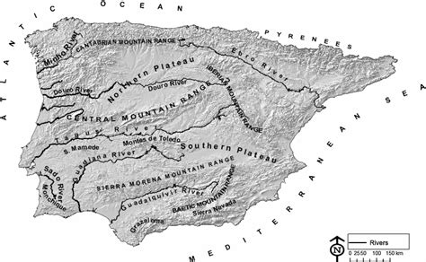 Map of the Iberian Peninsula depicting altitude and major rivers. Most... | Download Scientific ...