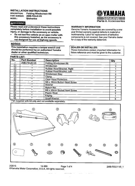 Yamaha Folding Windshield Installation Instructions | Yamaha Wolverine ...