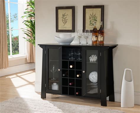 Jesse Sideboard Buffet Bar Cabinet with Wine Rack, Black Wood & Glass ...