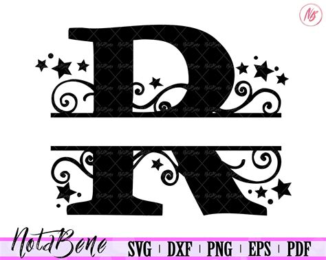 R Split Monogram SVG Swirls Stars Split Font Letter R SVG Elegant Divided Initial R Decorative ...