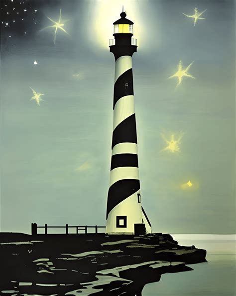 Wyeth Painting Lighthouse in the Deep Night · Creative Fabrica