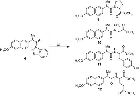 Synthetic pathway of naproxen containing derivatives 9-12. Note: (i ...