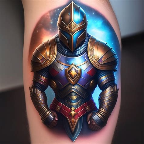 Premium AI Image | A tattoo of a knight with a blue and yellow shield ...