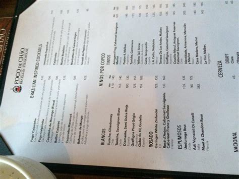 Menu at Fogo de Chão steakhouse, Mexico City, Alejandro Dumas 105