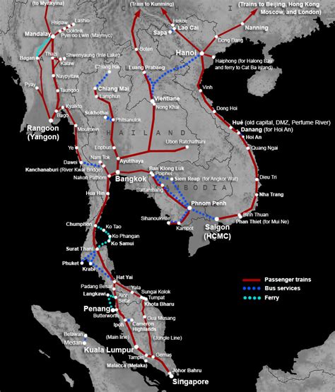 Map of train routes in Singapore, Malaysia, Thailand, Vietnam, Burma