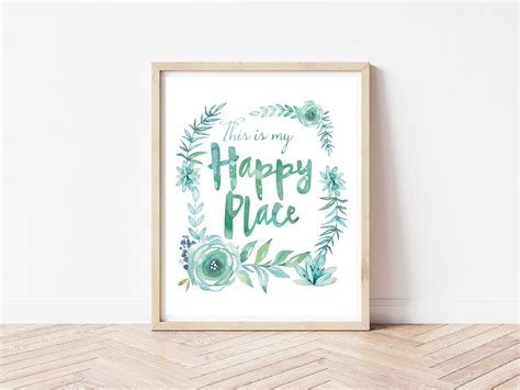 Happy place art print Watercolor flowers wreath aqua turquoise | Etsy