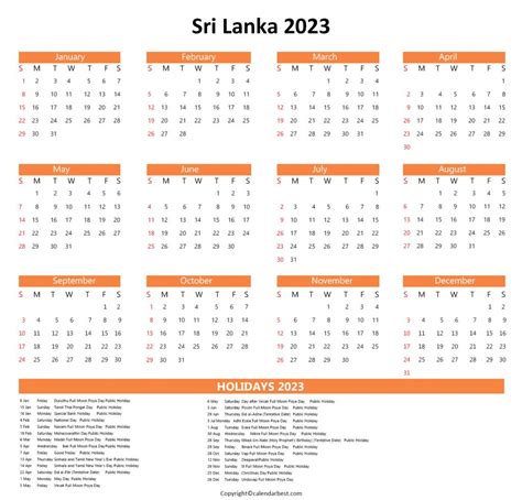 Sri Lanka Calendar 2023 with Holidays - Download in PDF