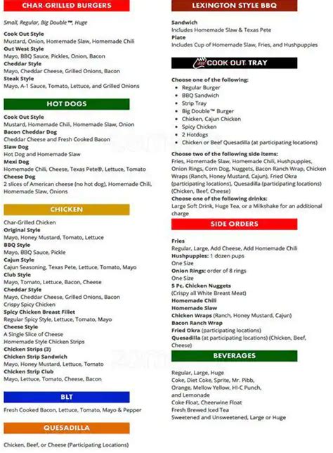 Cook Out Menu, Menu for Cook Out, Richmond, Lexington - Urbanspoon/Zomato