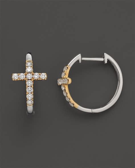 Diamond Cross Hoop Earrings in 14K White and Yellow Gold, .35 ct. t.w. | Bloomingdale's