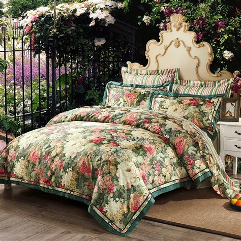 Green blue floral jacquard Luxury cotton bedding sets queen king size ...