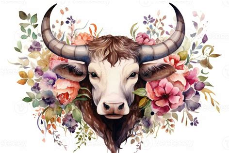 Watercolor Painting of Taurus Zodiac Sign in Botanical Style on Pure ...