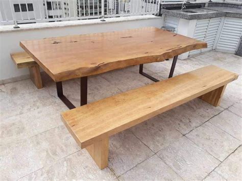 Conjunto Cabapuã - Mesa com 2 Bancos de Madeira Maciça Pequiá 220 x 11 ...